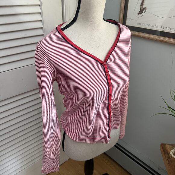 clothes Shirt Womens Medium Red White Striped Button Front V-Neck Retro Preppy - Picture 5 of 12